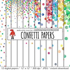 colorful confetti papers with white background and rainbow dots on the bottom, in different colors