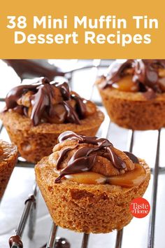 mini muffin tin desserts with chocolate drizzled on top and text overlay