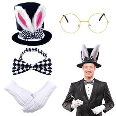 PRICES MAY VARY. 【White Rabbit Costume Set】- The Bunny Costume set includes 1 piece of plush bunny ears hat, 1 piece of bow tie, 1 pair of glasses and 1 pair of gloves, one set meets your different needs for party costumes, and they are the finishing touch to your Easter and Halloween dress up! 【Creative & Sophisticated Design�】- Easter bunny hat fused with Mr. Mad Hatters tophat design and Easter theme, Checkerboard pattern bow tie and bow on the hat cleverly match, retro gold metal round frame White Rabbit Costume, White Rabbit Costumes, Hatter Costume, Rabbit Accessories, Crazy Hat, Mad Hatter Costume, Ears Hat, Rabbit Costume, Bunny Man