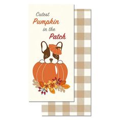 a card with an image of a dog in a pumpkin on it's back