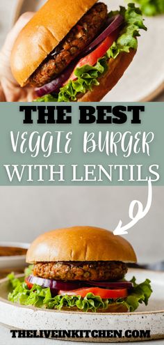 the best veggie burger with lentils and lettuce on a plate