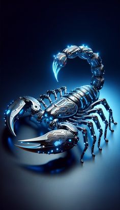 a scorpion is shown in the dark with blue lights