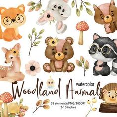 watercolor woodland animals clipart set with flowers, mushrooms, and other animal items