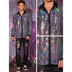 The shiny button down shirts are of sequin design, making you standing out from the crowd. Pair the sparkle sequin shirts with skinny jeans or leather pants and boots for showing your unique style. The sequin shiny shirts are great for fashion shows, stage performance, dancing, parties, wedding, music festivals, celebrations, etc. Fitted Shirt For Winter Party, Fitted Winter Party Shirt, Winter Party Fitted Shirt, Black Party Shirt For Winter, Winter Party Black Shirt, Shiny Button-up Party Tops, Sequin Shirt For Fall Night Out, Fall Sequin Shirt For Night Out, Fitted Sequin Shirt For Night Out