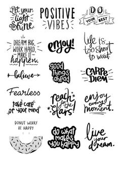 some type of lettering that says positive and happy with different phrases on it, including the words