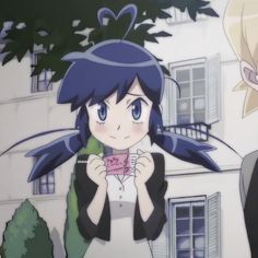 two anime characters standing next to each other in front of a building with trees and bushes