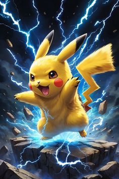 a pokemon pikachu standing on top of a rock with lightning in the background