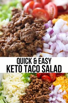 the ingredients for keto taco salad are shown in this collage with text overlay