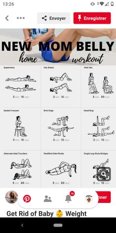 an image of a woman doing exercises on her cell phone, with the text new mom belly home workout