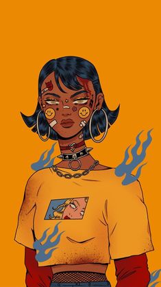 an illustration of a woman with tattoos and piercings on her face, standing in front of orange background