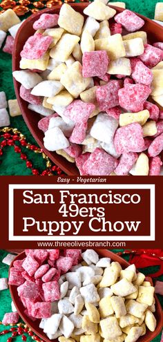 two red and white bowls filled with puppy chow