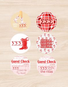 some stickers that are on top of a wooden surface with the words guest check