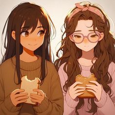 two girls are holding sandwiches and looking at the camera while they both have glasses on