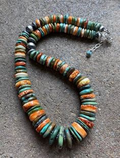 Sterling Silver Graduated Green Turquoise Spiny Oyster Bead Necklace 19 inch Artisan Beaded Round Turquoise Necklace, Handmade Multicolor Turquoise Necklace, Southwestern Beaded Round Turquoise Necklace, Southwestern Beaded Turquoise Necklace, Multicolor Turquoise Necklace With Colorful Beads, Turquoise Round Necklace With Colorful Beads, Turquoise Multi-strand Beaded Necklace With Large Beads, Turquoise Hand-strung Beaded Necklaces, Rustic Turquoise Hand-strung Beaded Necklace