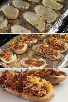 several different types of food are being prepared in the oven and baked on tin foil