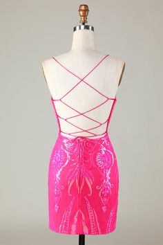 Zapakasa Women Hot Pink Short Homecoming Dress Stylish Tight Spaghetti Straps Cocktail Dress with Criss Cross Back Hoco Dresses Tight Hot Pink, Hot Pink Hoco Dress, Pink Hoco Dress, Dresses Hoco, Hoco Dresses Tight, Hot Pink Shorts, Cute Homecoming Dresses, One Shoulder Cocktail Dress, Dress Stylish