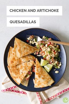 chicken and artichoke quesadillas on a blue plate with a fork