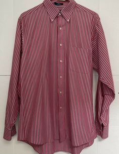 CHAPS classic fit mens stripe long sleeves red button down shirt. T1532 Red Long Sleeve Shirt With Vertical Stripes, Red Cotton Shirt With Vertical Stripes, Striped Shirt Men, Red Button Down Shirt, Mens Stripes, Red Button, Mens Shirt Dress, Costume Design, Striped Long Sleeve