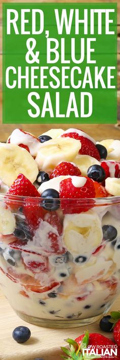 red, white and blue cheesecake salad in a glass bowl on a wooden table