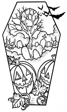 a black and white drawing of a trick or treat box with pumpkins on it