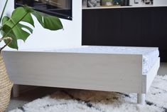 a white bed frame with a plant in the corner next to it and a rug on the floor