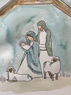 a watercolor painting of two women and a dog in front of a manger scene