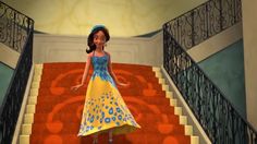 a girl in a dress is walking down the stairs