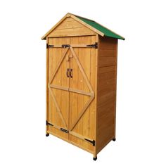 a wooden storage shed with a green roof and two doors on the side, isolated against a white background