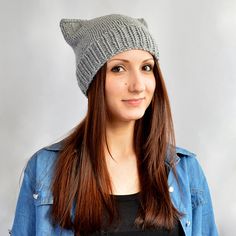 Knit Hat Pattern // Cat Hat Knitting Pattern, Cat Ears, Cat Beanie Pattern, Cat Ear Hat, Cat Ear Bea Cute Knitted Cat Ears Hat, Cat Design Beanie Hat, One Size Fits Most, Knitted Beanie With Cat Ears, Winter Crochet Hat With Cat Ears, Handmade Casual Cat Ears Hat, Handmade One Size Cat Ears Hat, Casual Knitted Beanie With Cat Ears, Casual Knitted Cat Ears Hats, Handmade Cat Ears Hat