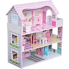 a pink doll house with furniture and accessories on the top floor is shown in front of a white background