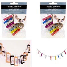 several different colored clothes pins are hanging on a string with pictures in the background and an ad for special moments