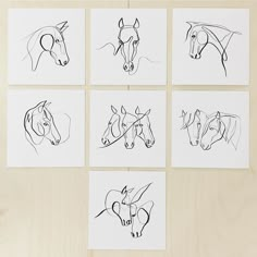 six drawings of horses on white paper