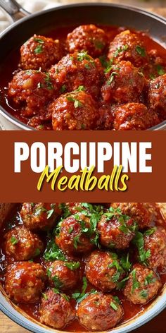 meatballs in marinara sauce with parsley garnish on top and the title overlay reads porcupine meatballs