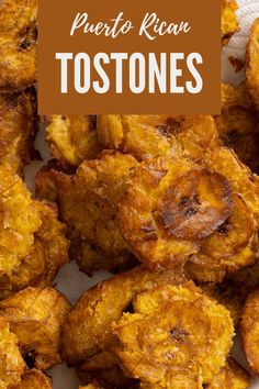 some fried food on a white plate with the words puerto rico tostones above it