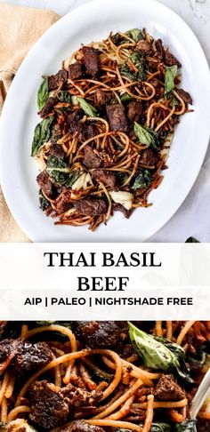 thai beef and noodle stir fry on a white plate with text overlay that says thai basil beef