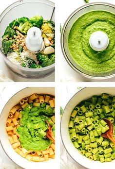 four pictures showing the steps to make pesto pasta