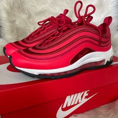 Air Max 97’s In Red. Worn Once. Comes With Original Box. Nike Red Running Shoes With Air Max Cushioning, Red Nike Sneakers With Air Max Cushioning, Shoes Nike Air, Nike Red, Nike Air Max 97, Shoes Nike, Womens Shoes Sneakers, Air Max, Nike Air Max