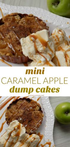 mini caramel apple dump cakes on a plate with apples in the background and text overlay that reads, mini caramel apple dump cakes