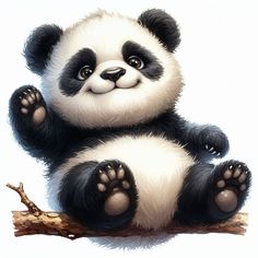 a panda bear sitting on top of a tree branch with its paws up in the air