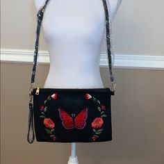 Embroidered Bag, Zipper Pocket, Black Red, Black And Red, Faux Leather, Bag Lady, Purse, Shoulder Bag, Zipper