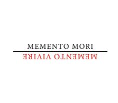 the words mementoo mori are in red and black on a white background