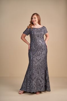 Plus Size Jade Couture | Sophisticated Mother of the Bride Dress made with Ada Embroidery Lace with Stretch lining. Beautiful portrait neckline with pretty short sleeves and a flattering flare skirt. Mothers Gowns, About Mother, Attractive Dresses, Mother Of The Bride Dresses Long, Mother Wedding, Wedding Dress Guide