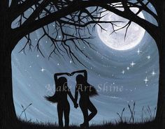 two people standing under a tree in front of a full moon and stars night sky