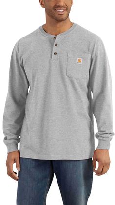 This all-purpose Henley is perfect for cooler days or as a layering piece. Its timeless looks and rugged durability make this a favorite. Carhartt Long Sleeve, Carhartt Shirts, Henley T Shirt, Carhartt Workwear, Mens Workwear, Men Fits, Carhartt Mens, Pocket Tshirt, Henley Shirts