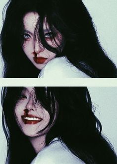 two pictures of a woman with long hair and blood on her face, one in white shirt