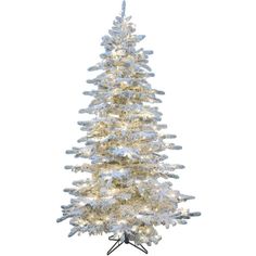 a white christmas tree with snow on the top and lights in the bottom, against a white background