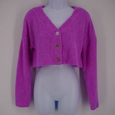 Drop Shoulder Long Sleeve V-Neck Button Up Fuzzy Knit Cropped Color: Neon Purple Material: Polyester Features: Made In China Machine Wash Cold, Tumble Dry Low Size: Womens Xs Measurements: Shoulder To Hem 14 In / 36 Cm Shoulder To Shoulder 24.5 In / 62 Cm Pit To Pit 20.5 In / 52 Cm Sleeve Length 18 In / 46 Cm Condition: New With Tags Smoke Free, Dog Friendly Home All Measurements Are Approximate And Laying Flat Most Products Stored And Shipped In Cellophane Poly Bags All Offers Considered And Op Trendy Purple V-neck Cardigan, Knit V-neck Cardigan With Buttons, Cozy V-neck Top With Button Closure, Casual Purple Cardigan With Buttons, Casual Purple Button-up Sweater, Casual Purple Cardigan With Button Closure, Casual Purple Button-up Cardigan, Purple Button-up Cardigan With Buttons, Purple Button-up Cardigan