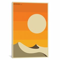 an orange and yellow poster with the sun in the sky above it, on a white background