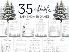 the baby shower game is shown with snow covered trees and evergreens in the background