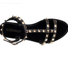 Olivia Miller Super Cute T Strap Studded Rubber Sandals Size 8 Brand New Black And Gold Black Jelly Sandals With Buckle Closure For Vacation, Black Ankle Strap Jelly Sandals For Party, Black Spiked Sandals For Spring, Black Sandals With Studded Rubber Outsoles For Beach, Open Toe Synthetic Sandals With Spikes, Black Open Toe Sandals With Spikes, Spiked Open Toe Synthetic Sandals, Chic Spiked Sandals For Summer, Black Spiked Open Toe Sandals